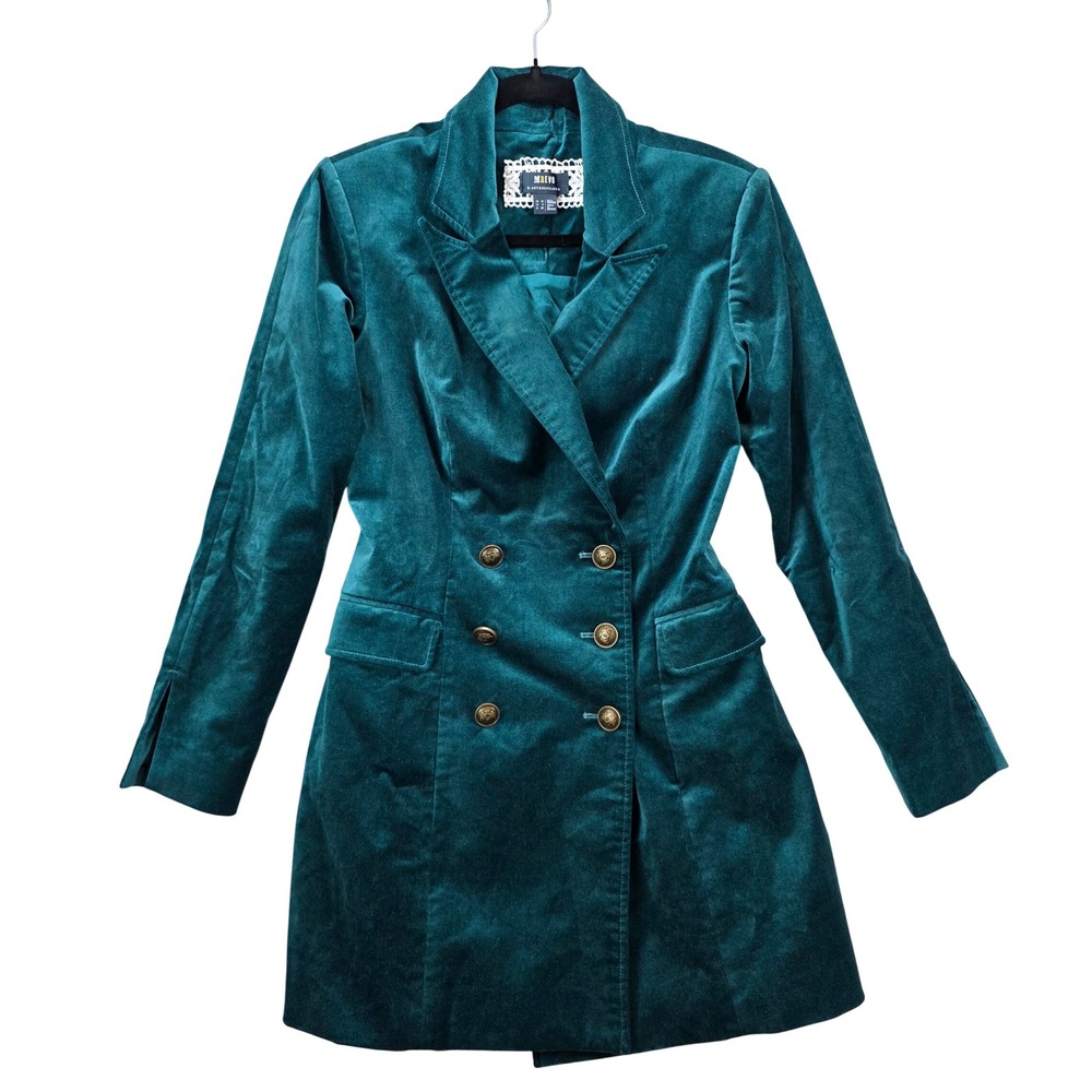 Maeve Anthropologie Teal‎ Velvet Double Breasted Blazer Dress Jacket Preppy sz 6
